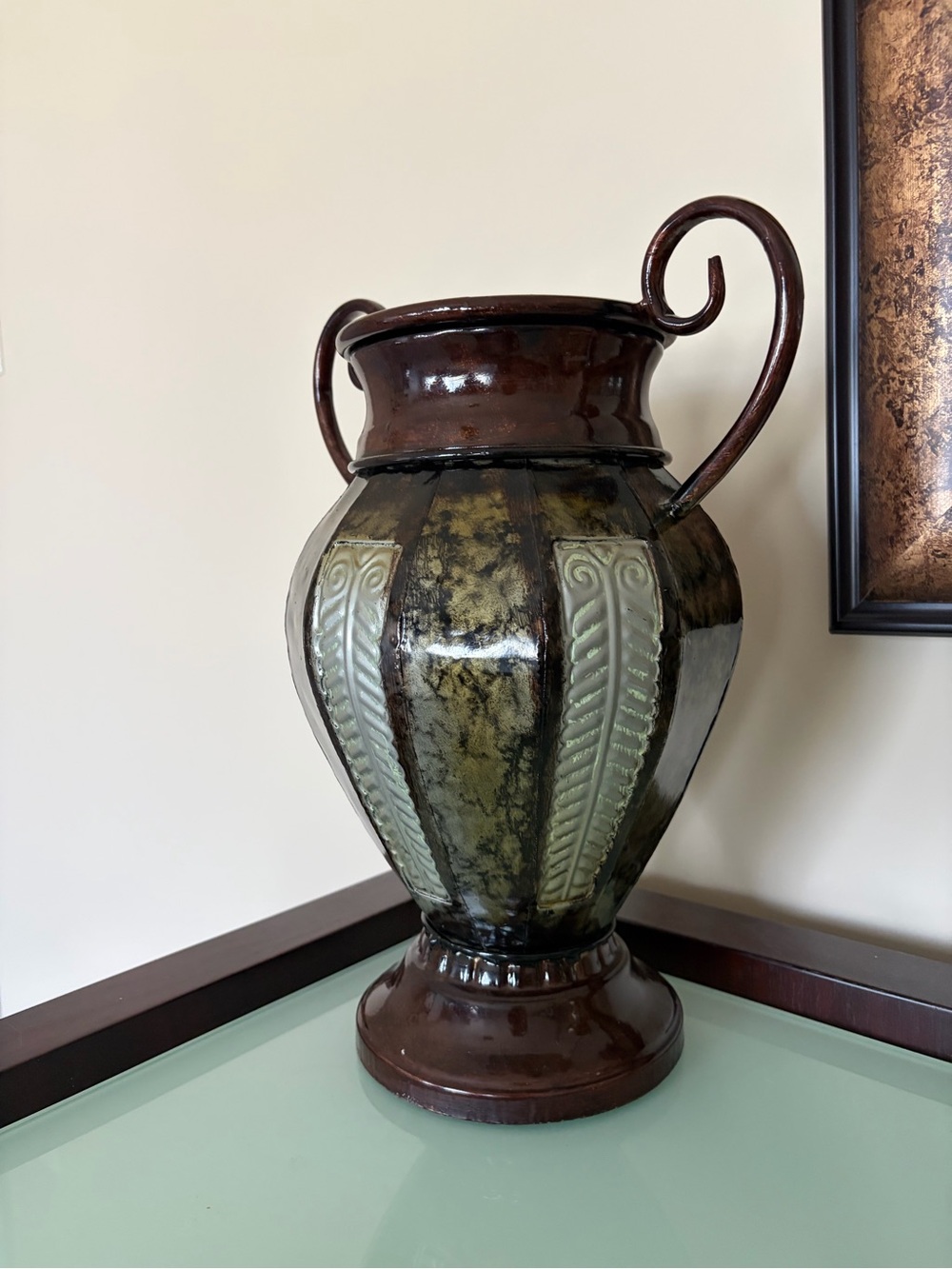 Decorative Two-Handled metal Vase in Olive Green and Dark Brown